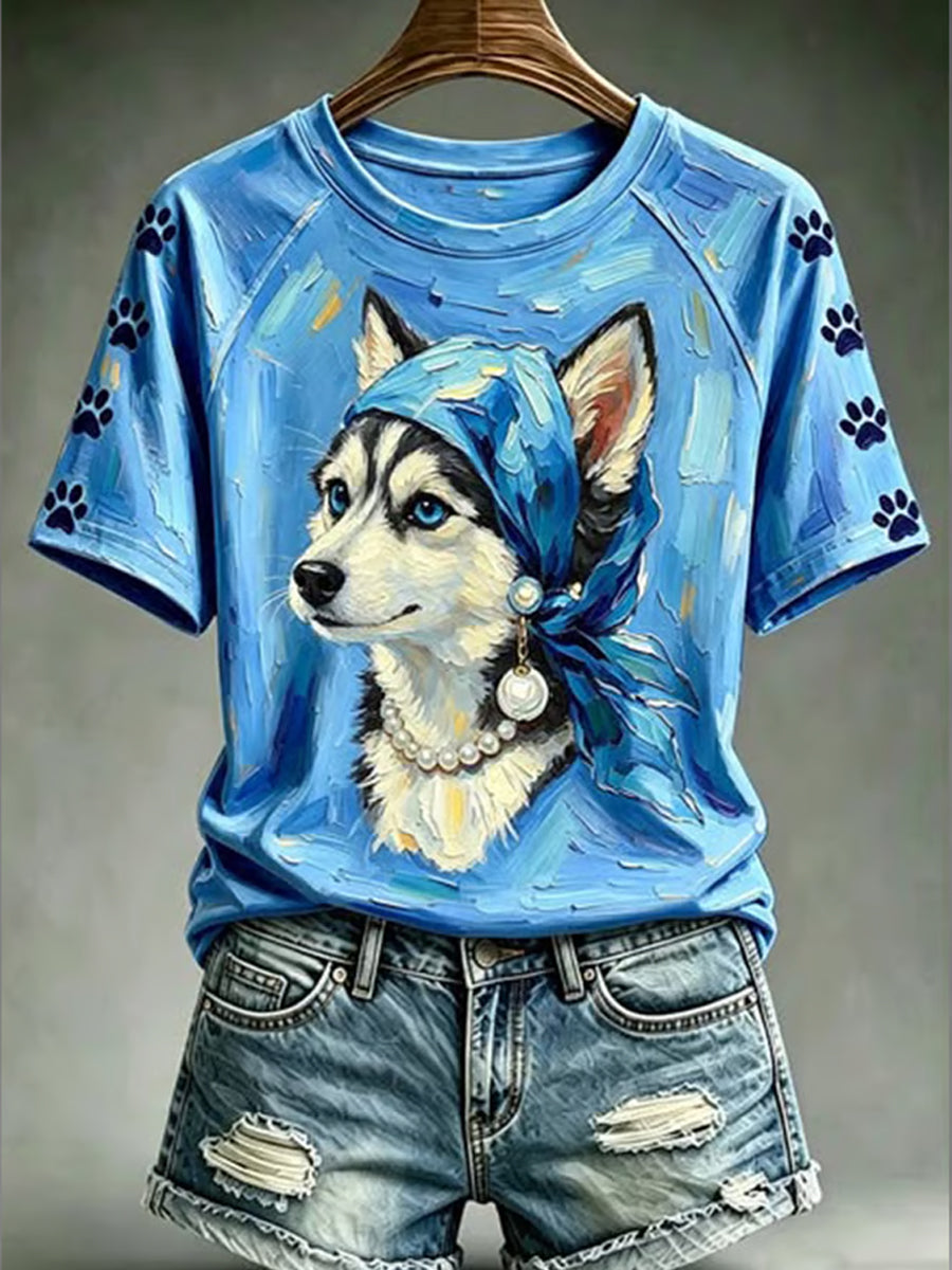 Women's Vintage Funny Dog Round Neck Short Sleeve T-shirt gracestitchs