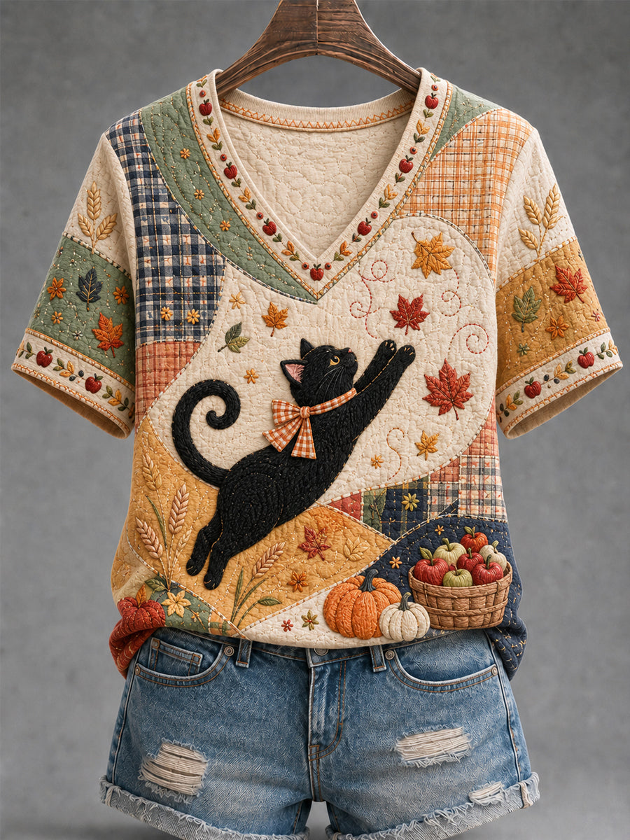 Women's Fall Season Cute Black Cat Print Casual V-Neck Tee gracestitchs