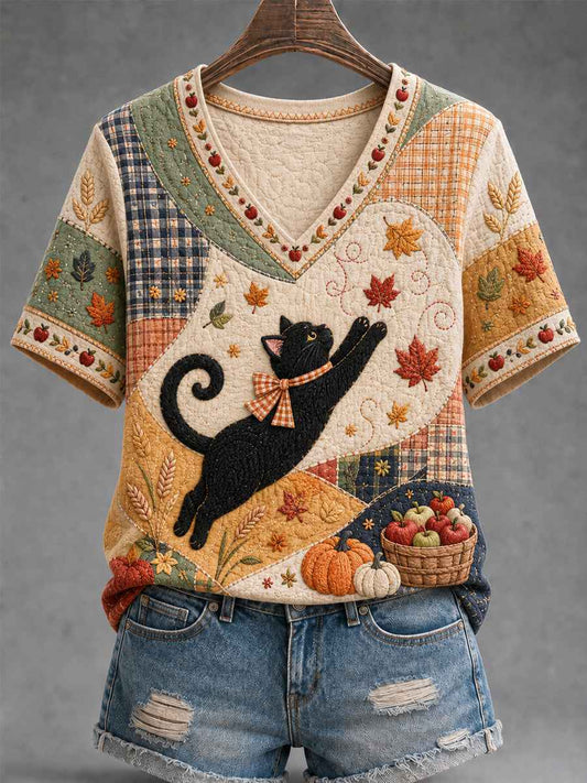 Women's Fall Season Cute Black Cat Print Casual V-Neck Tee