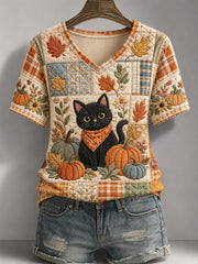 Women's Fall Season Cute Black Cat Print Casual V-Neck Tee gracestitchs
