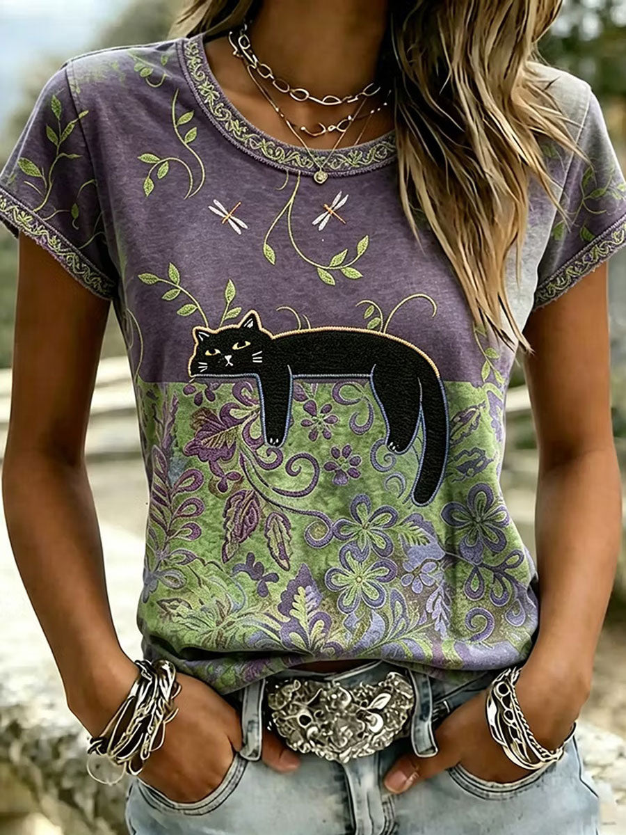 Women's Cat Floral T-shirt gracestitchs
