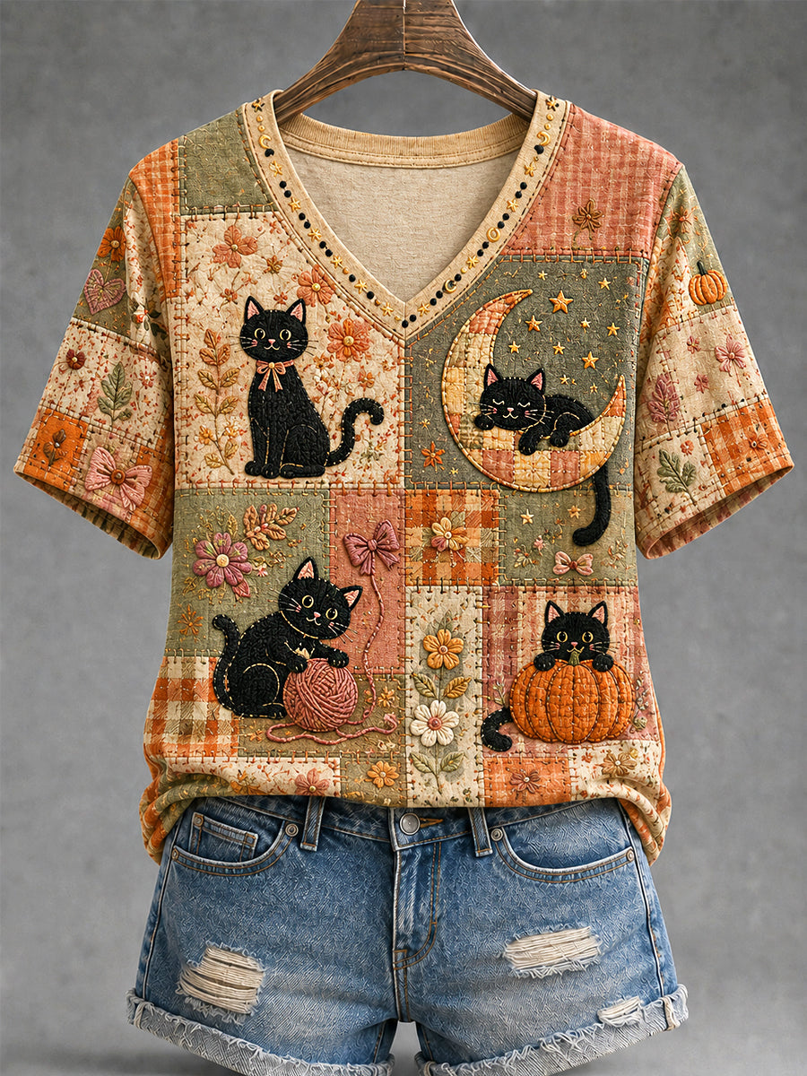 Women's Fall Season Cute Black Cats Print Casual V-Neck Tee gracestitchs