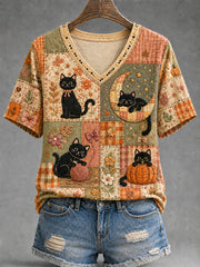 Women's Fall Season Cute Black Cats Print Casual V-Neck Tee gracestitchs
