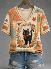 Women's Fall Season Cute Black Cat Print Casual V-Neck Tee gracestitchs