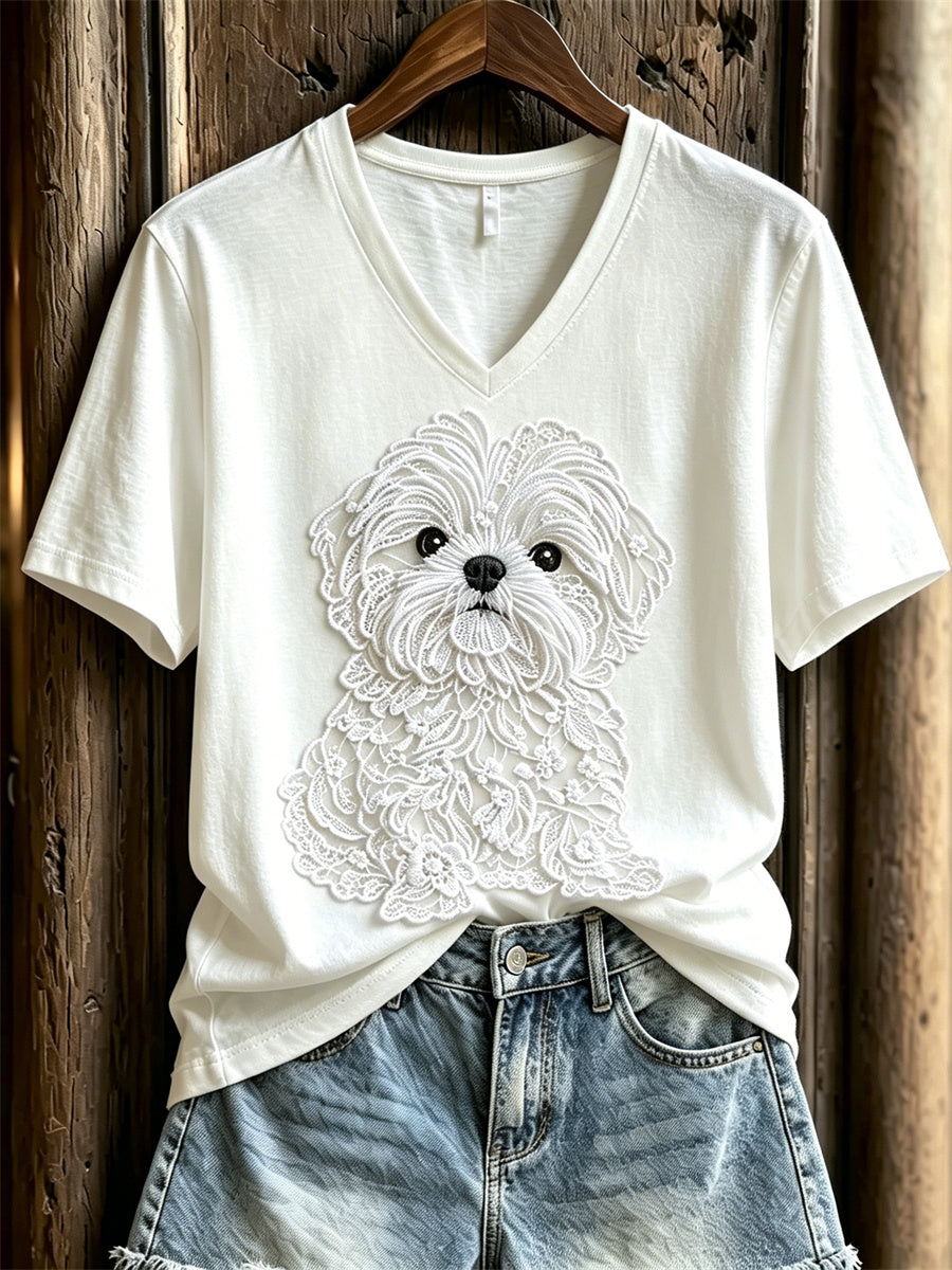 Women's Lovely Shih Tzu Dog Lace Art Print short-sleeved T-shirt gracestitchs