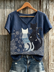 Women's Crowded Cats Japanese Sashiko Art Print linen short-sleeved T-shirt gracestitchs