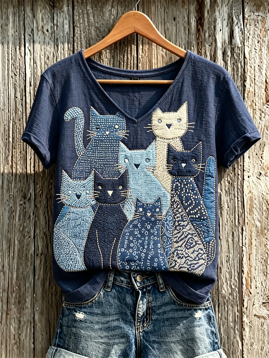 Women's Crowded Cats Japanese Sashiko Art Print linen short-sleeved T-shirt gracestitchs