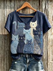 Women's Crowded Cats Japanese Sashiko Art Print linen short-sleeved T-shirt gracestitchs