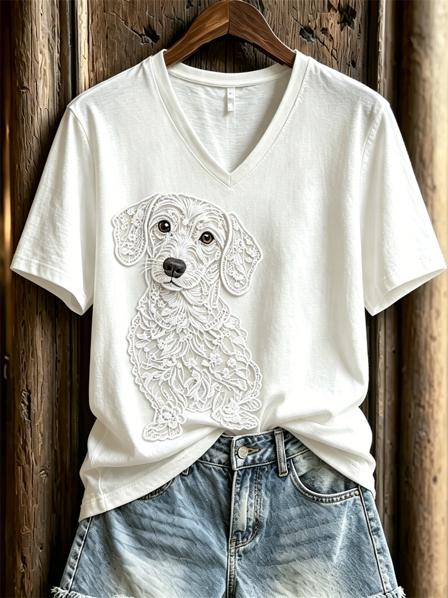 Women's Lovely Dachshund Dog Lace Art Print short-sleeved T-shirt gracestitchs