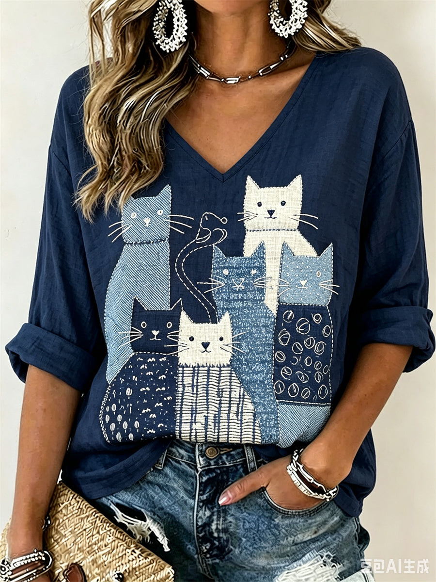 Women's Crowded Cats Japanese Sashiko Art Print linen Mid-sleeved T-shirt gracestitchs