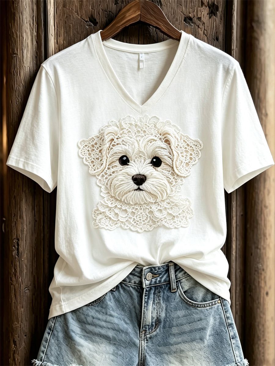 Women's Lovely Maltese Dog Lace Art Print short-sleeved T-shirt gracestitchs