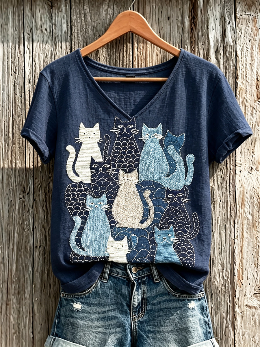 Women's Crowded Cats Japanese Sashiko Art Print linen short-sleeved T-shirt gracestitchs