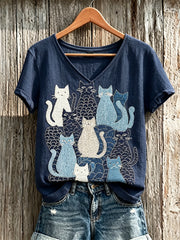 Women's Crowded Cats Japanese Sashiko Art Print linen short-sleeved T-shirt gracestitchs