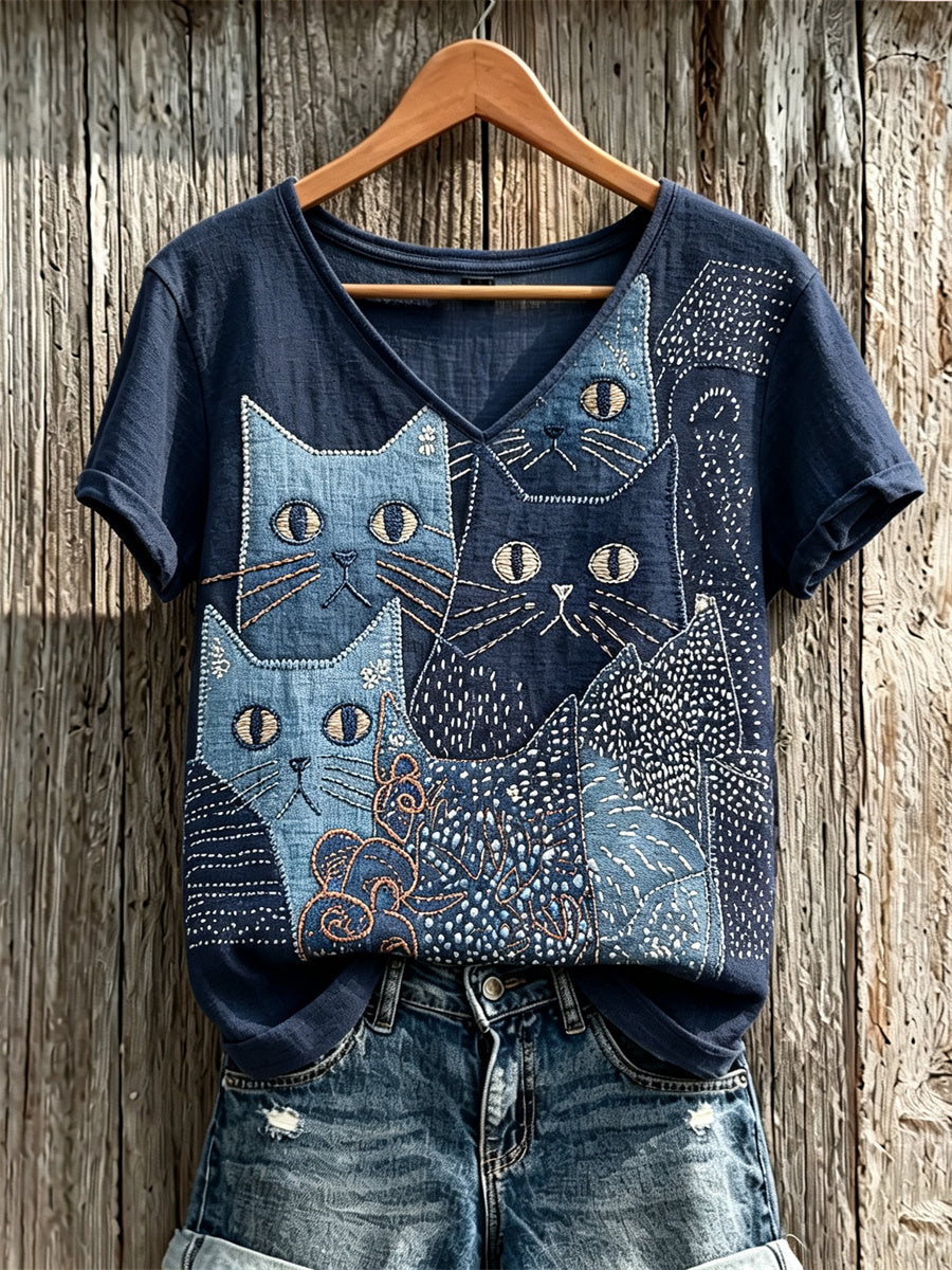 Women's Crowded Cats Japanese Sashiko Art Print linen short-sleeved T-shirt gracestitchs