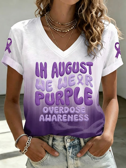 Women's In August We Wear Purple Overdose Awareness Print V-Neck Tee gracestitchs