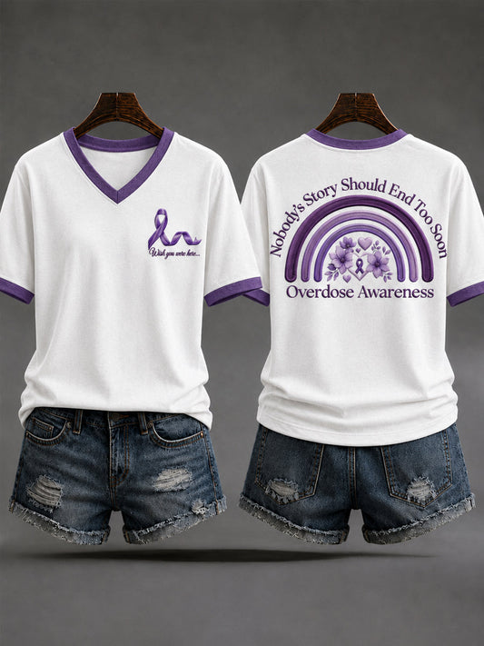 Women's Overdose Awareness No Story Should End Too Soon Purple Ribbon Print T-shirt gracestitchs