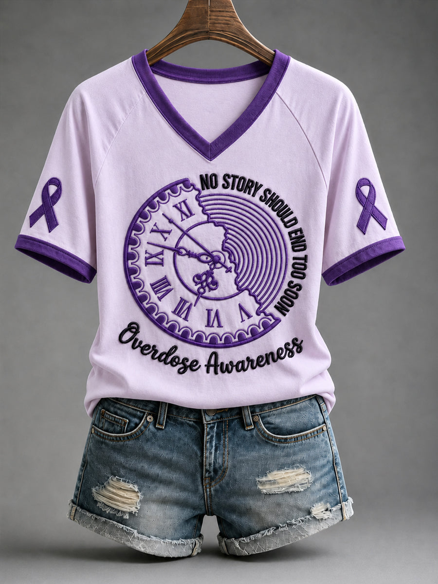 Women's Overdose Awareness No Story Should End Too Soon Purple Ribbon Print T-shirt gracestitchs
