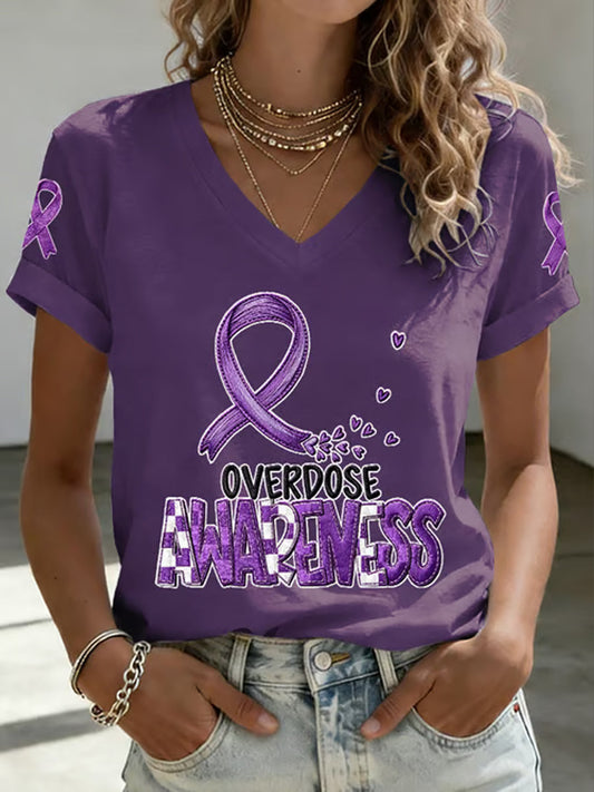 Women's Overdose Awareness Purple Ribbon Print T-shirt gracestitchs