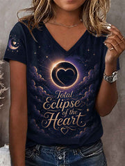 Women's Total Eclipse Of The Heart Print Casual V-Neck Tee
