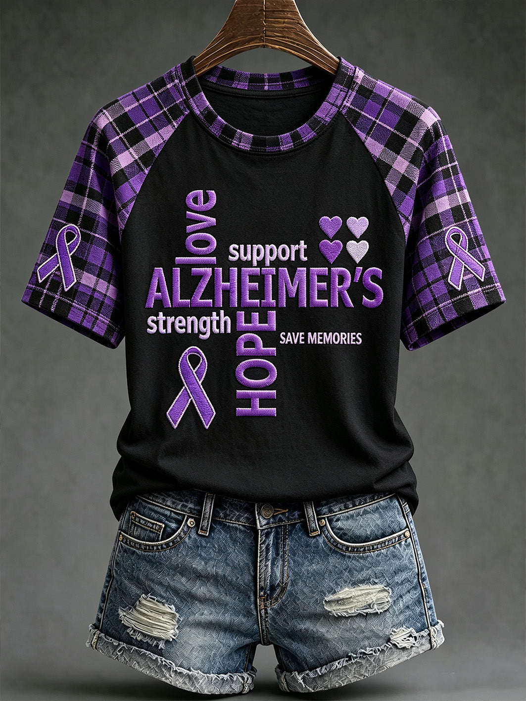 Women's Alzheimer's disease awareness pattern printed casual short-sleeve T-shirt gracestitchs
