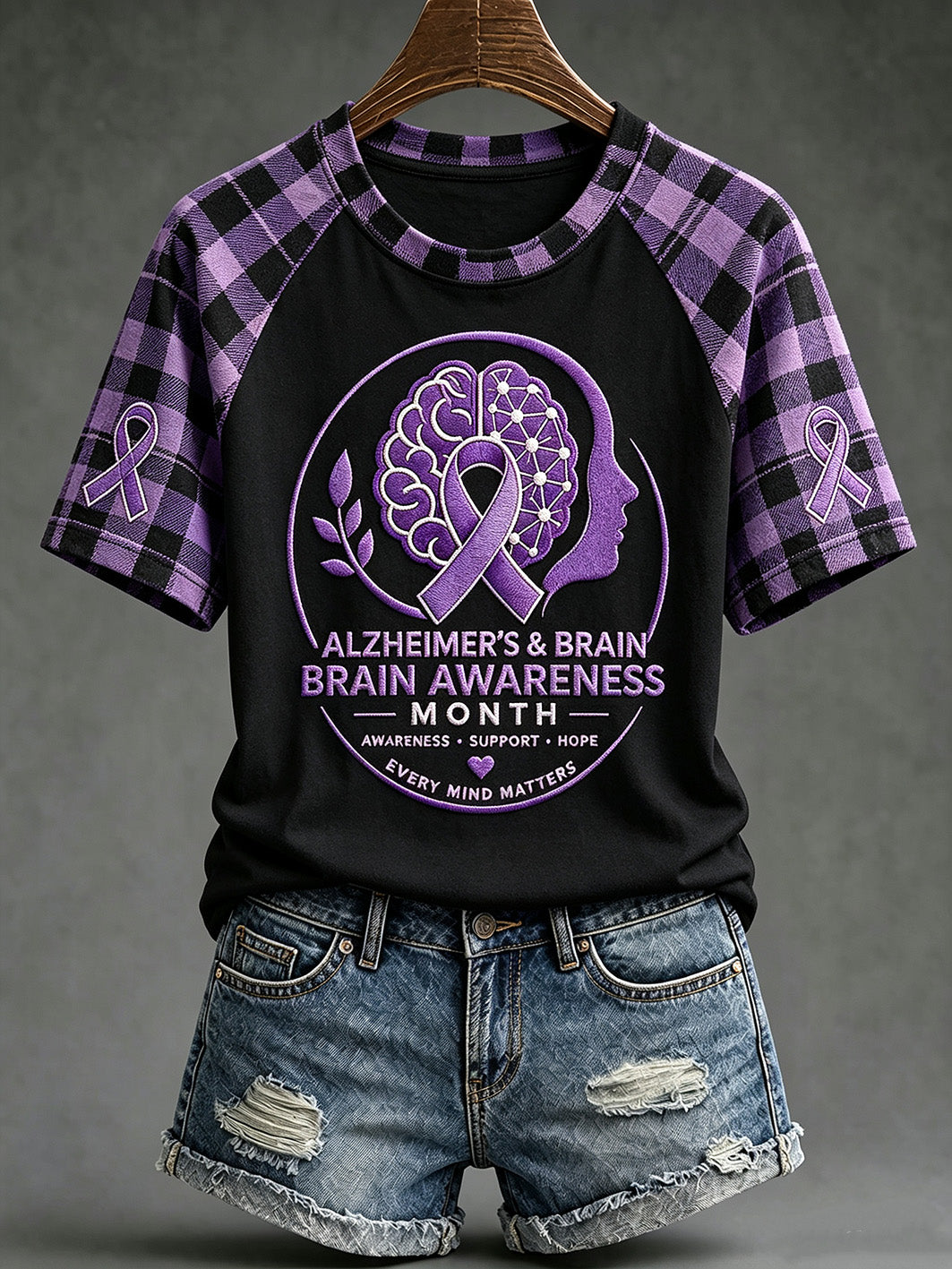 Women's Alzheimer's disease awareness pattern printed casual short-sleeve T-shirt gracestitchs