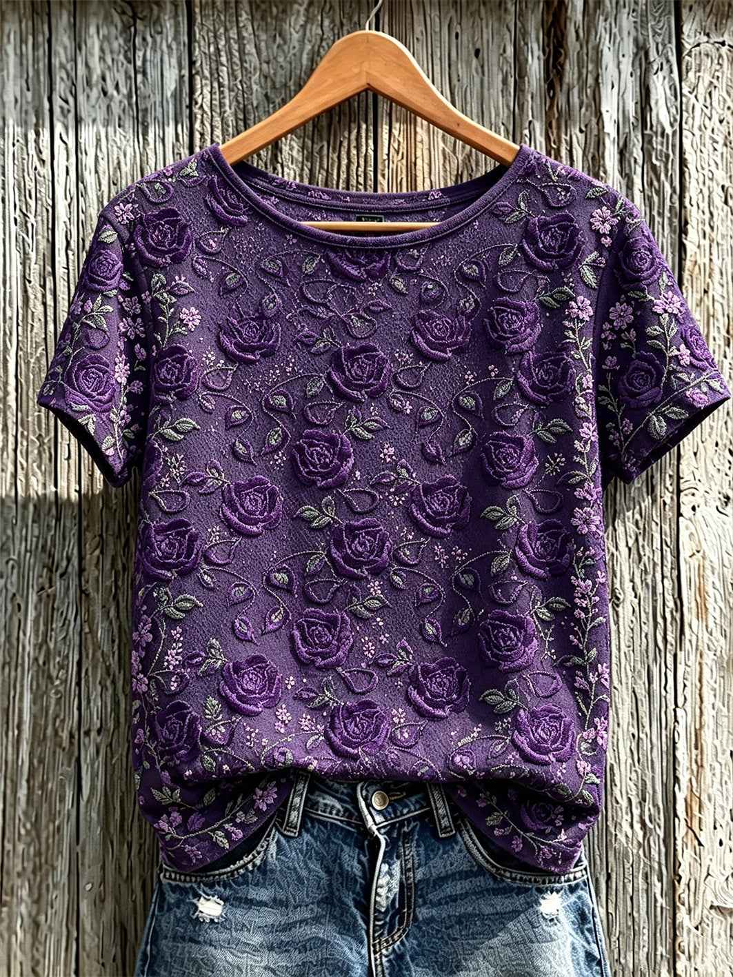 Women's purple flowers pattern printed short-sleeved T-shirt