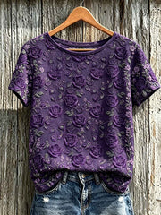 Women's purple flowers pattern printed short-sleeved T-shirt