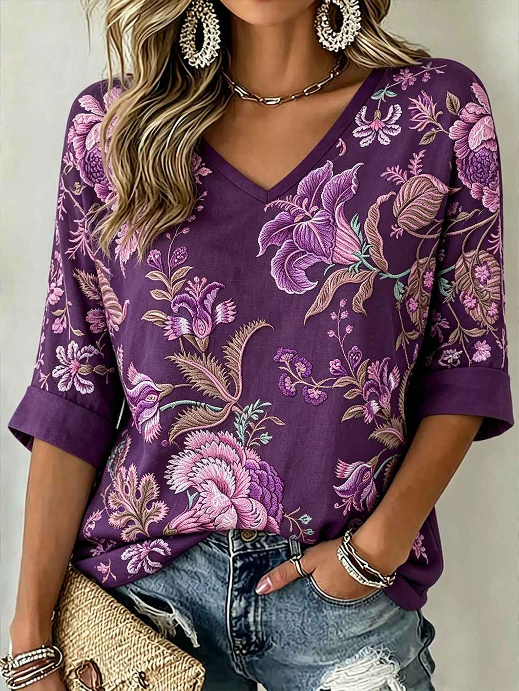 Women's Purple Flowers Pattern Printed  Mid-length Sleeves V-Neck T-Shirt
