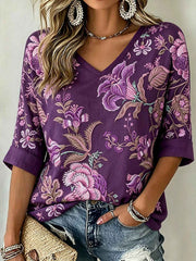 Women's Purple Flowers Pattern Printed  Mid-length Sleeves V-Neck T-Shirt