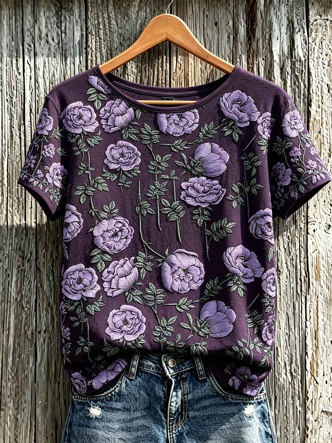 Women's purple flowers pattern printed short-sleeved T-shirt