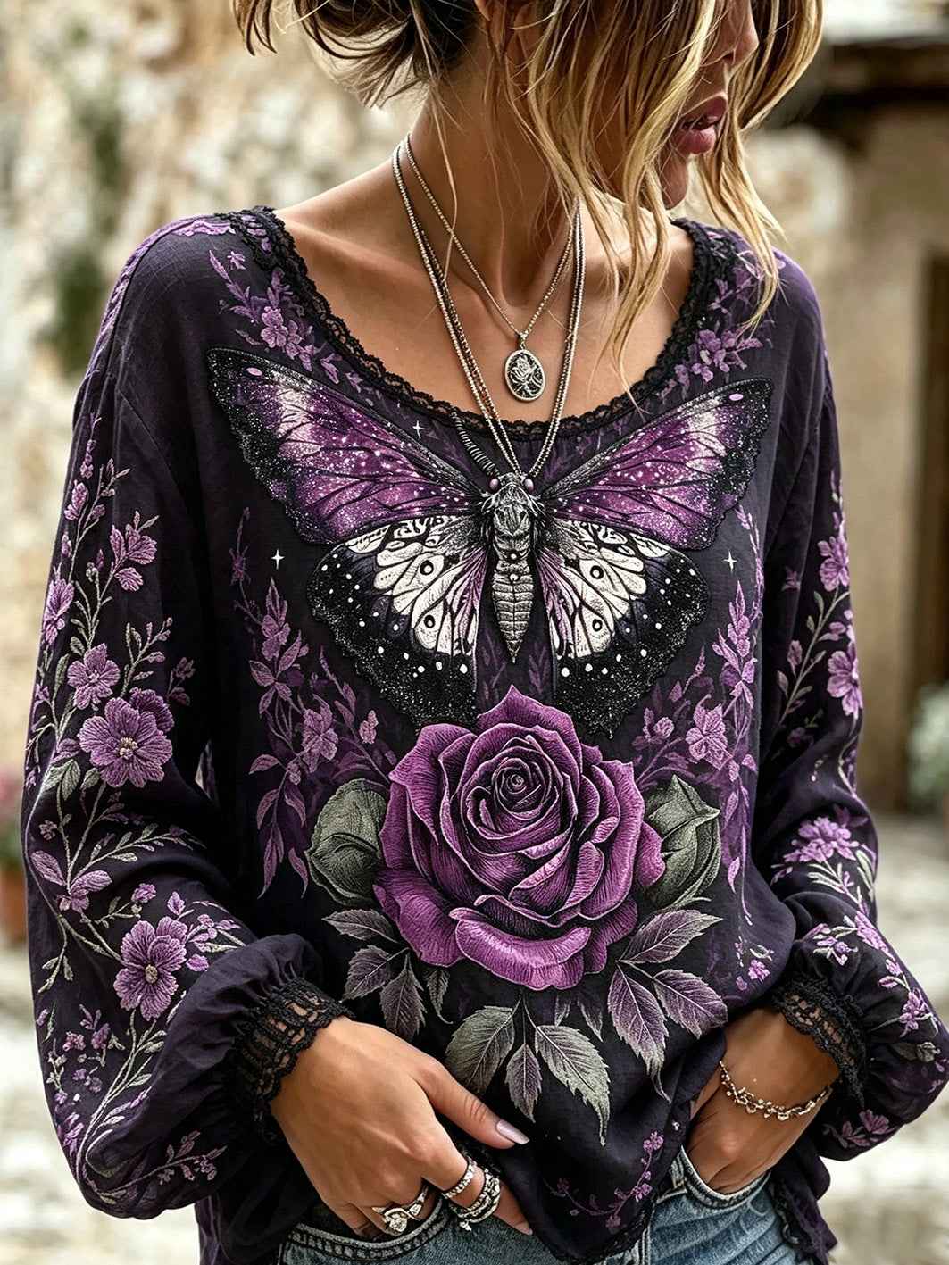 Women's Butterfly and Plant Flower Pattern Printed Cotton and Linen Shirt