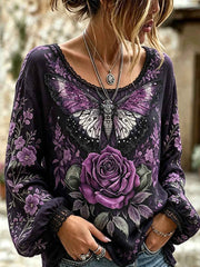 Women's Butterfly and Plant Flower Pattern Printed Cotton and Linen Shirt