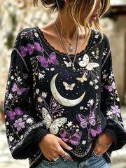 Women's Butterfly And Flowers Pattern Printed Cotton-Linen Shirt