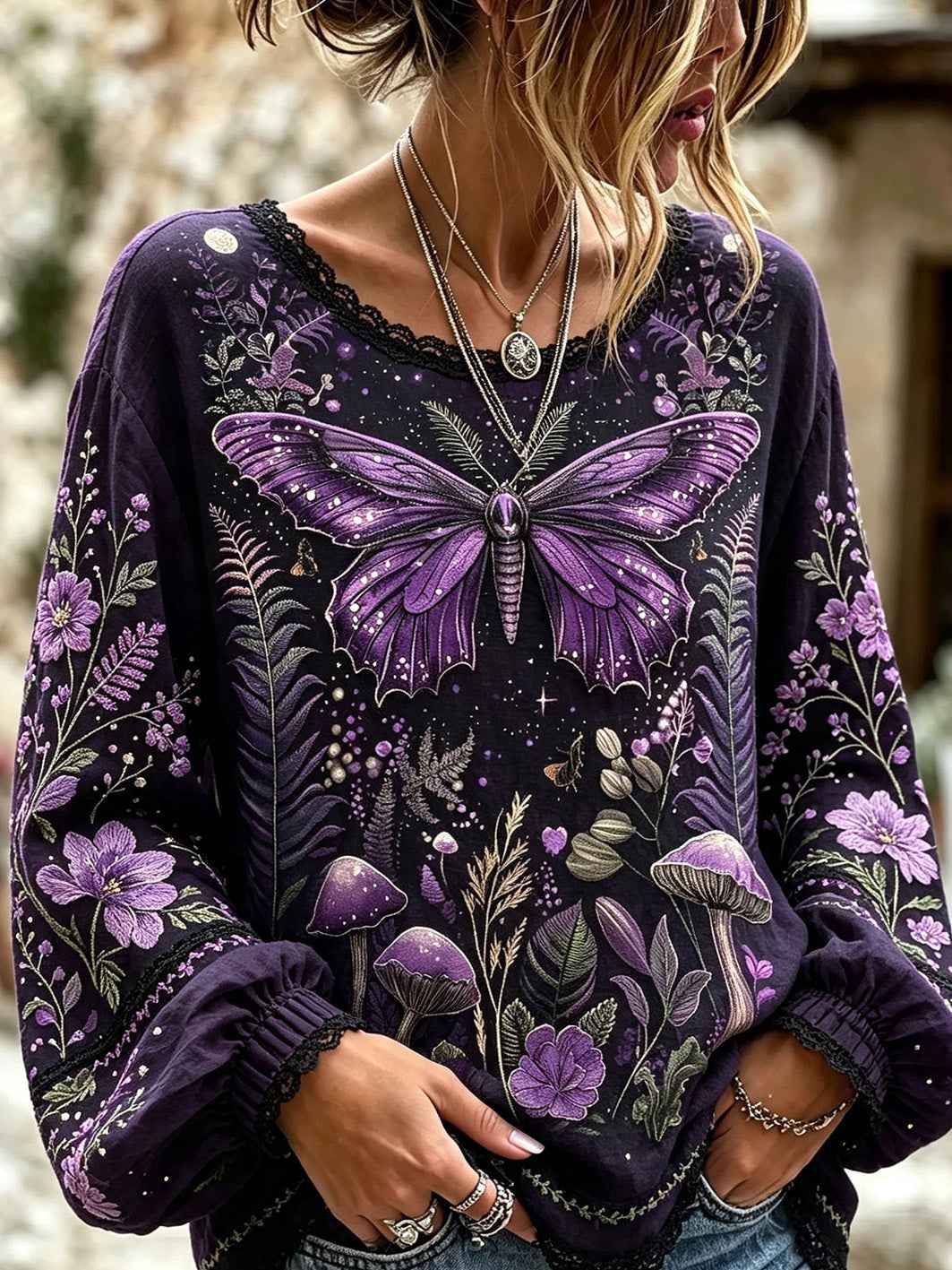 Lady Butterfly and Plant Flower Pattern Printed Cotton and Linen Shirt