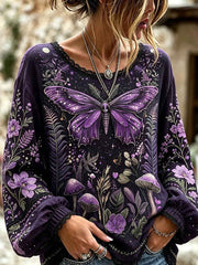 Lady Butterfly and Plant Flower Pattern Printed Cotton and Linen Shirt