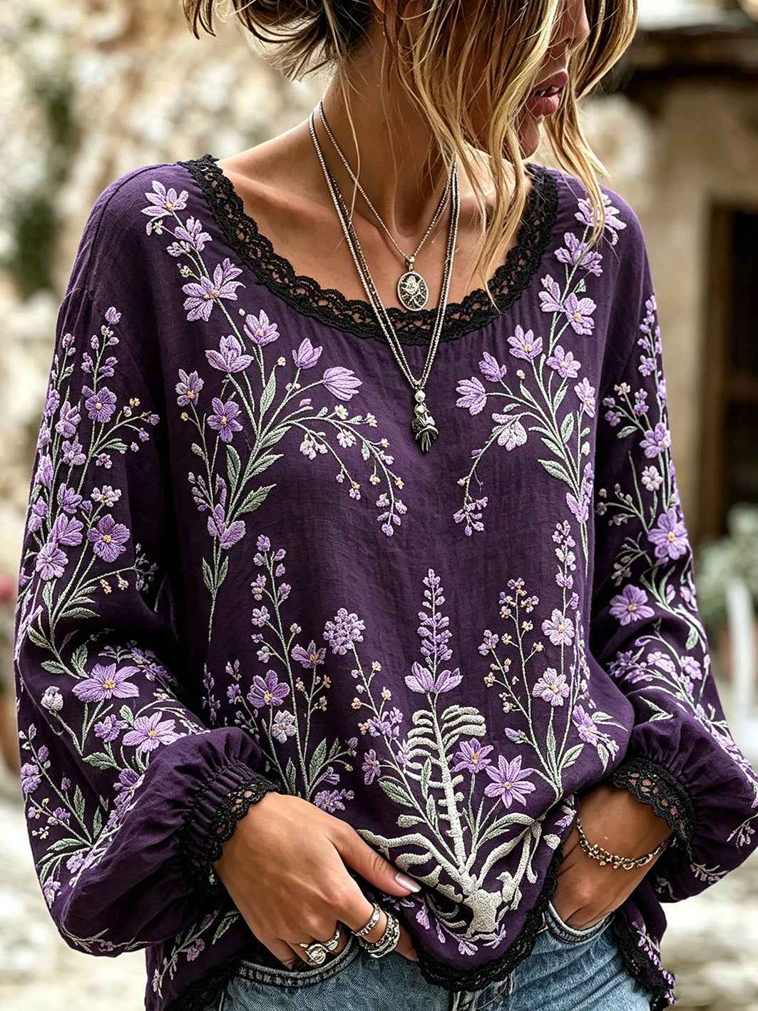 Women's Purple Flowers Pattern Printed Cotton-Linen Shirt