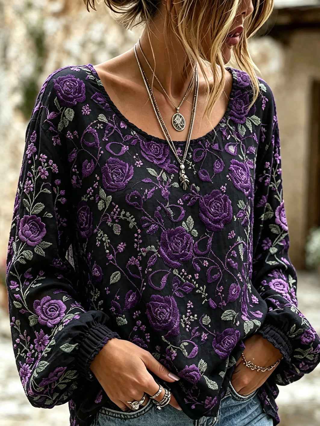 Women's Purple Flowers Pattern Printed  Cotton-Linen Shirt
