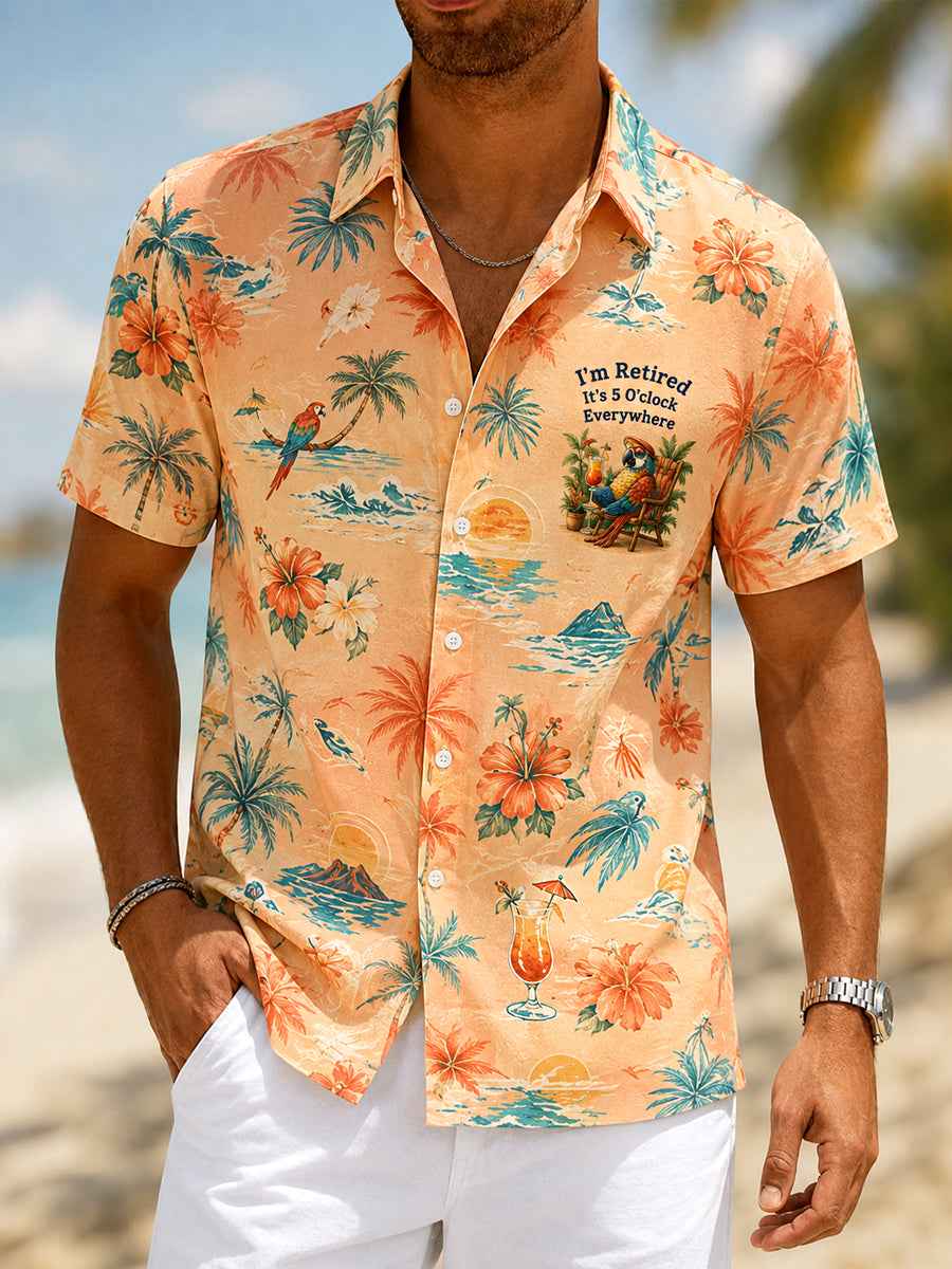 Men's I'm Retired It's 5 O'clock Everywhere Parrot Print Casual Short Sleeve Shirt