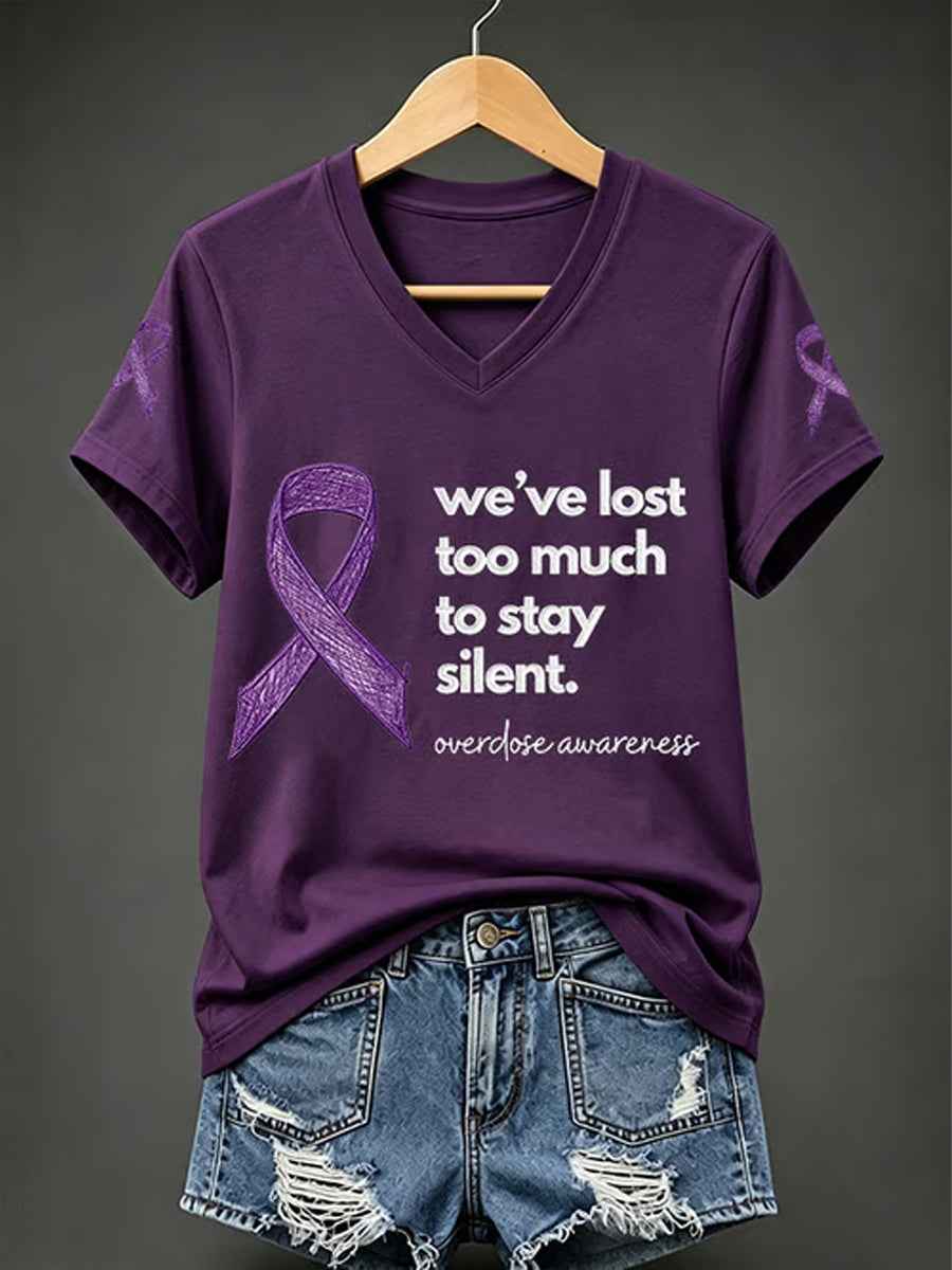Women's Overdose Awareness Purple Ribbon Print T-shirt