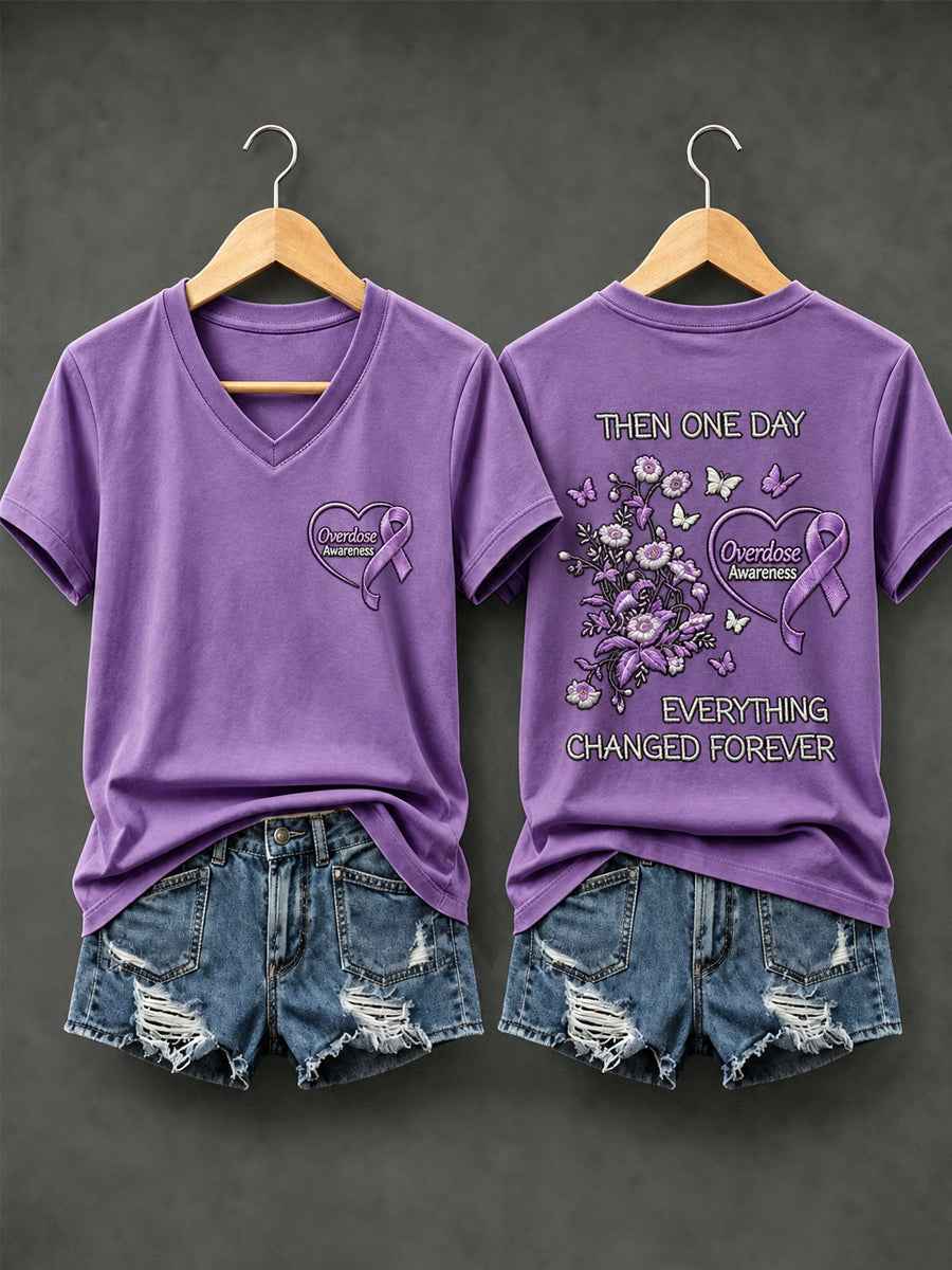 Women's Overdose Awareness Purple Ribbon Print T-shirt