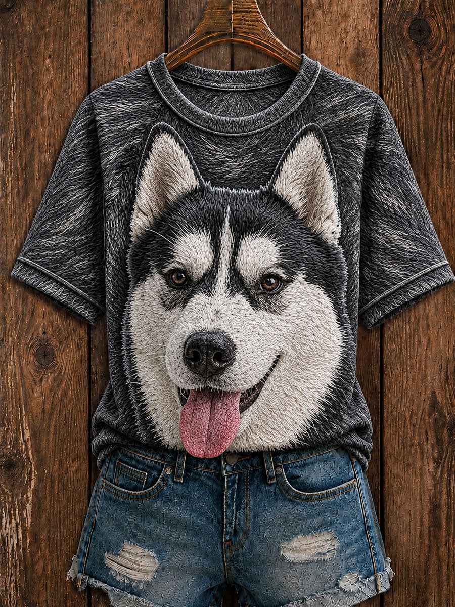 Women's Cute Husky  Art Round Neck Short Sleeve T-shirt