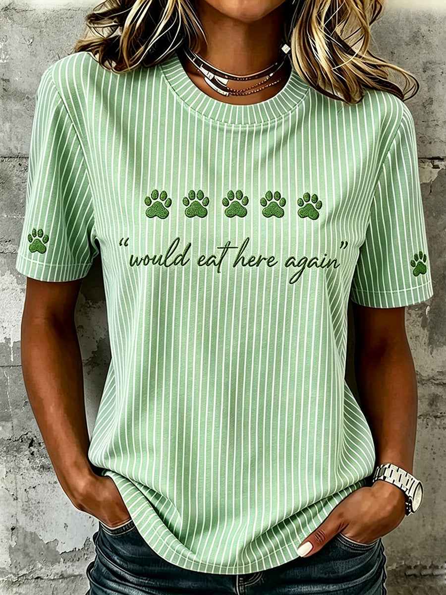 Women's Would Eat Here Again Funny Pet Paw Striped Print Short-sleeved T-shirt
