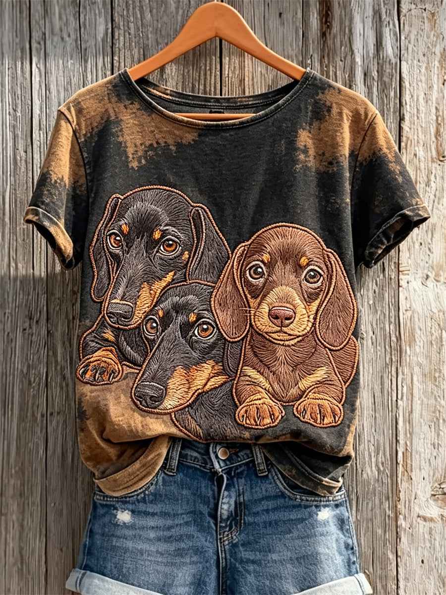 Women's Dachshunds & Dog Coat Pattern Bleached Print short-sleeved T-shirt