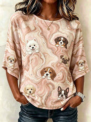Women's Vintage Marble Pattern & Dogs Art Print Linen Mid-sleeved T-shirt