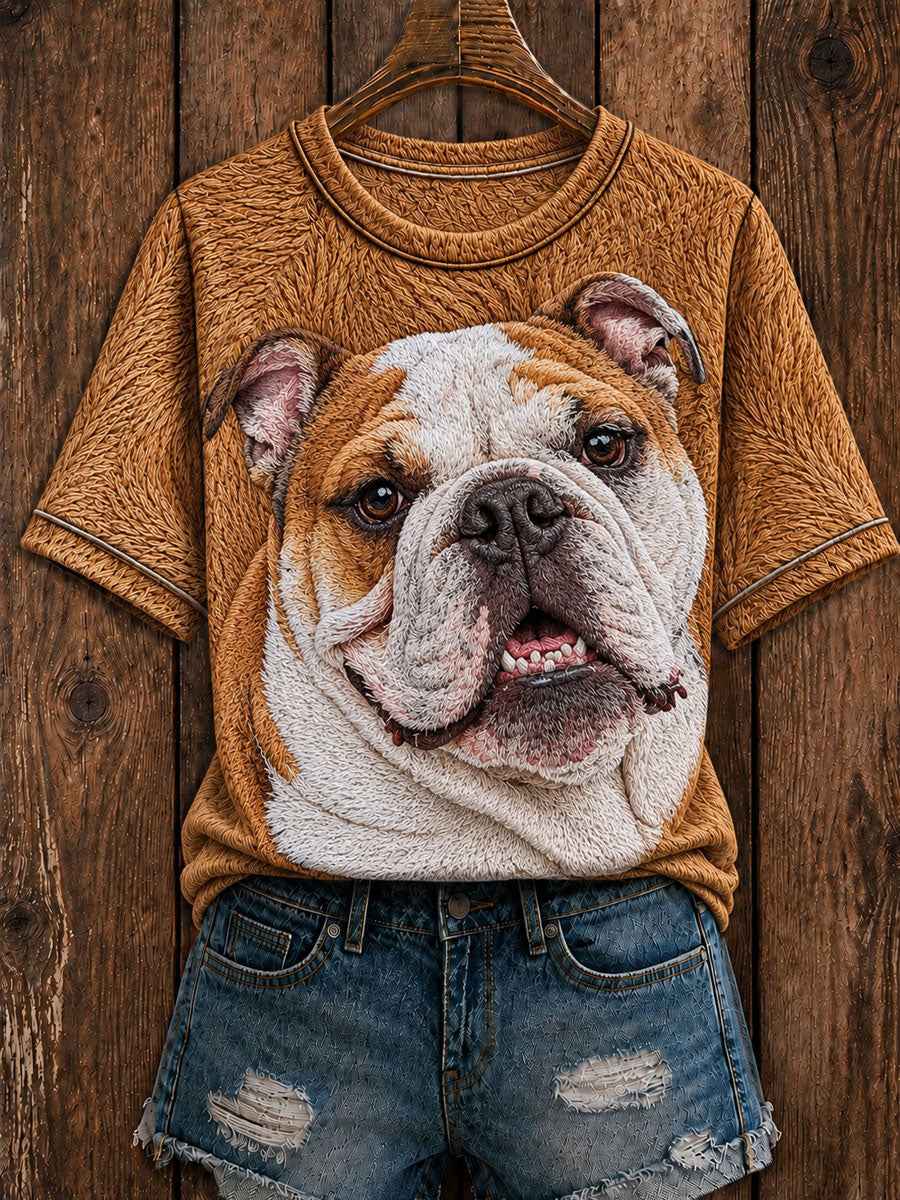 Women's Cute English Bulldog  Art Round Neck Short Sleeve T-shirt