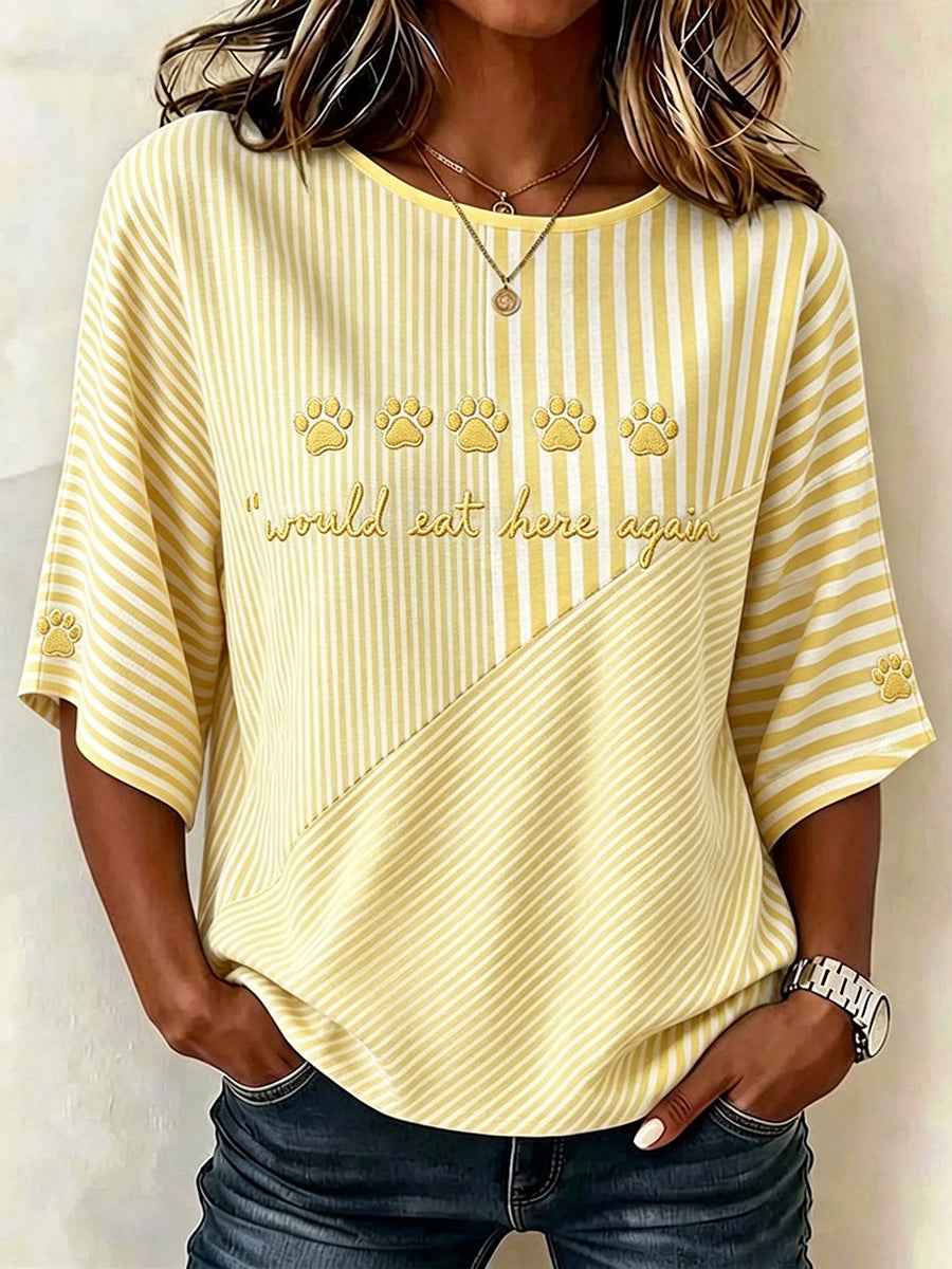 Women's Would Eat Here Again Funny Pet Paw Striped Print Linen Mid-sleeved T-shirt