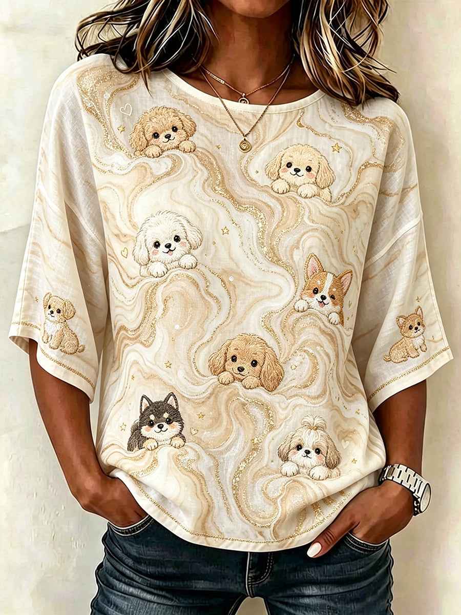 Women's Vintage Marble Pattern & Dogs Art Print Linen Mid-sleeved T-shirt