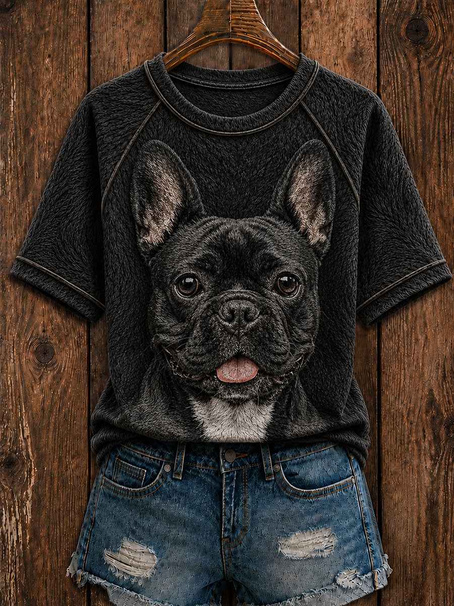 Women's Cute French Bulldog Art Round Neck Short Sleeve T-shirt