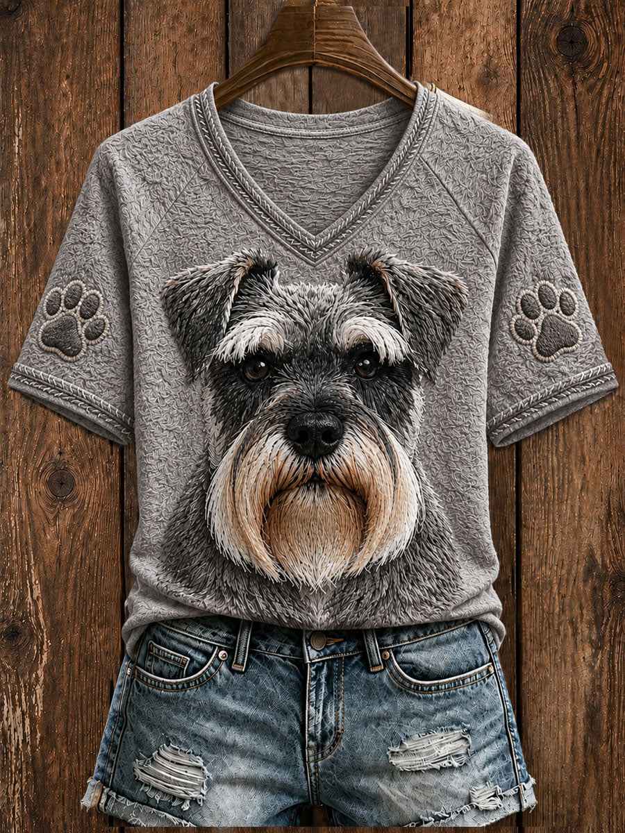 Women's Cute Miniature Schnauzer  Art V-neck Short Sleeve T-shirt