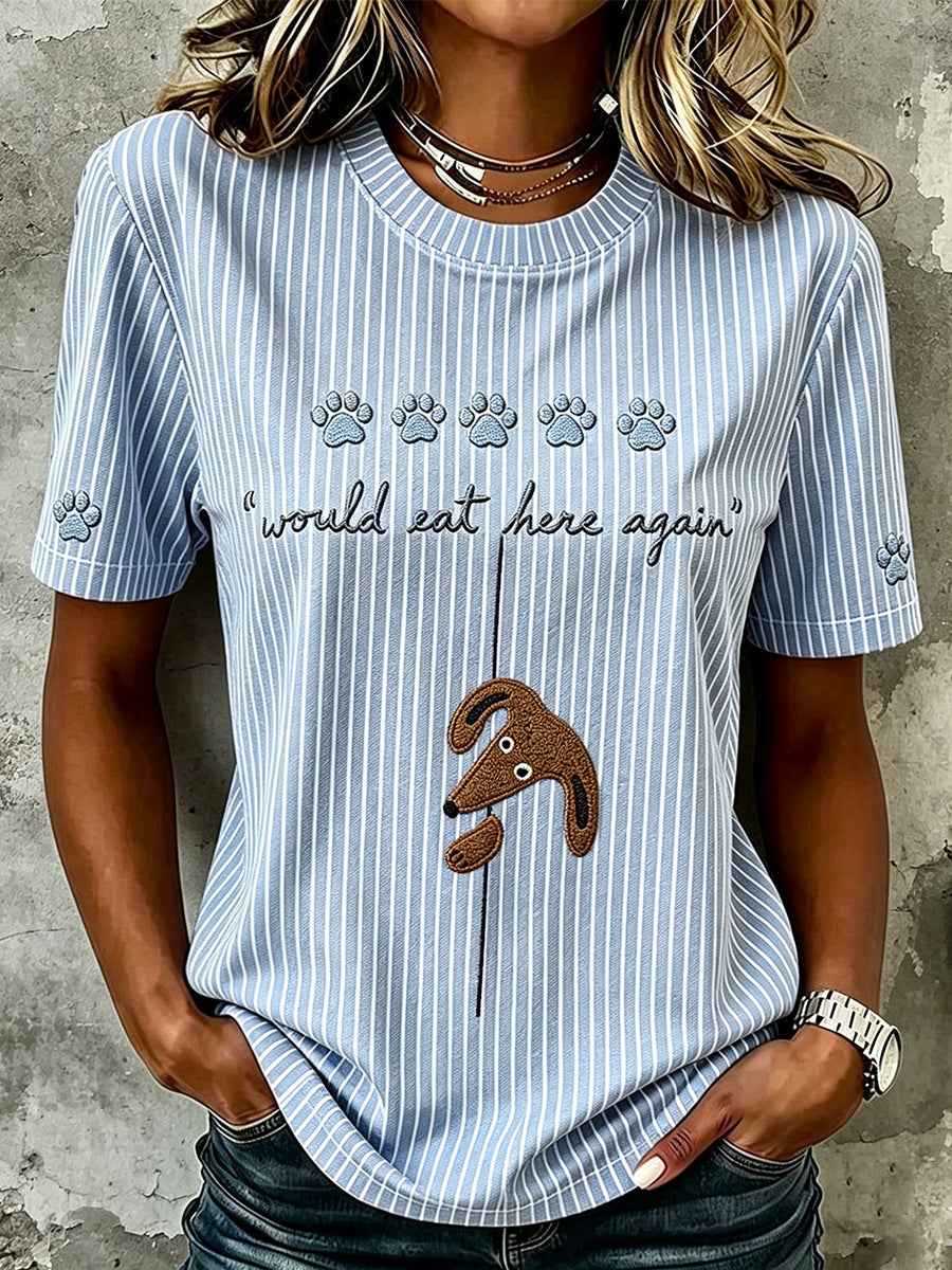 Women's Would Eat Here Again Funny Pet Paw Striped Print Short-sleeved T-shirt